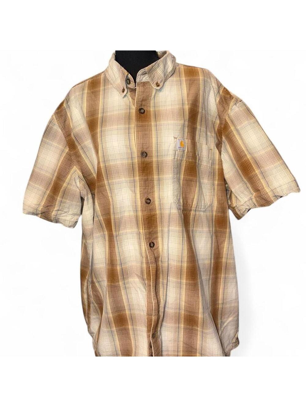 Carhartt Essential Plaid Short Sleeve Button Down Shirt Brown Cream Men's 2XL